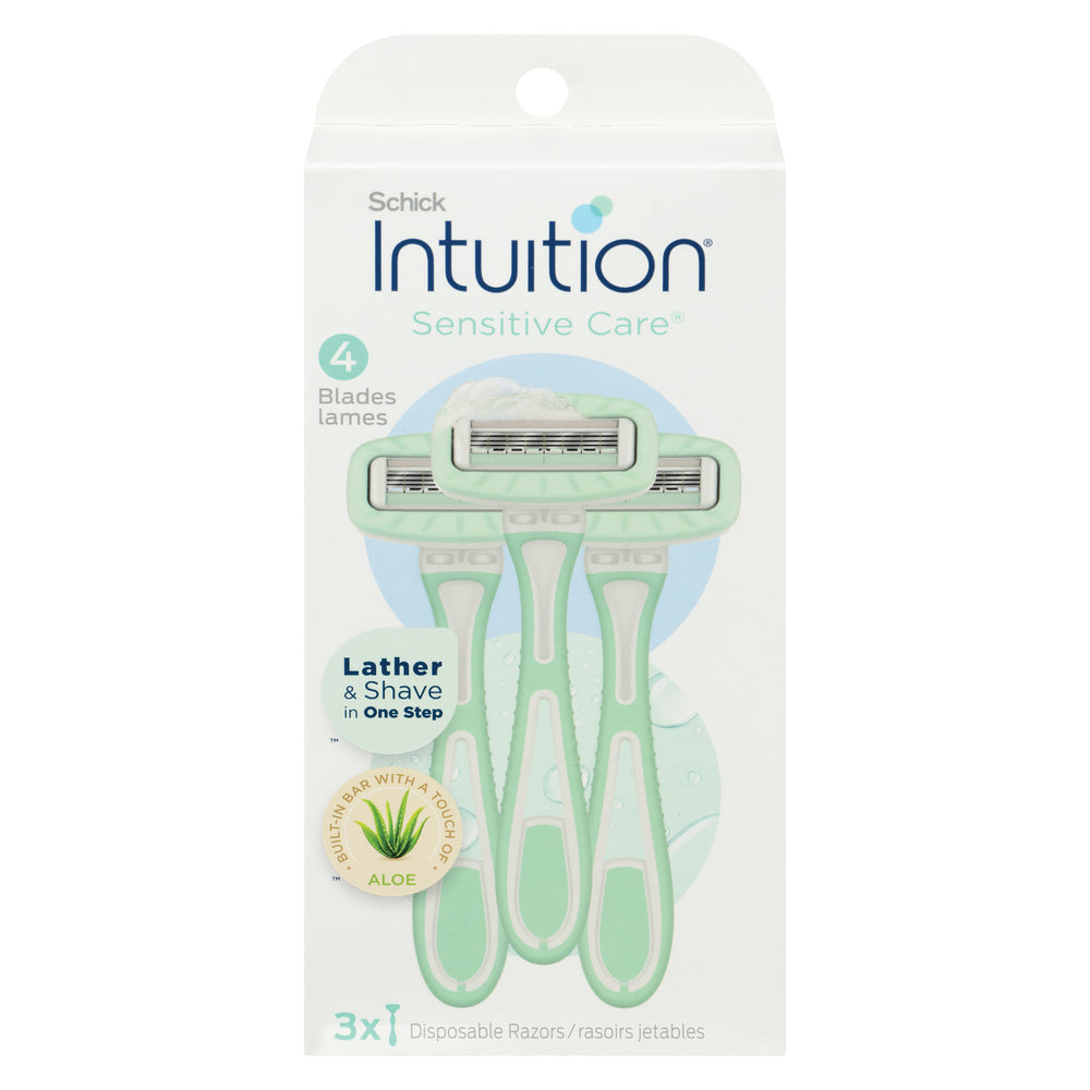 Schick Intuition Sensitive Care disposable razors with 4 blades, 3-pack, featuring a sleek handle for smooth shaving.