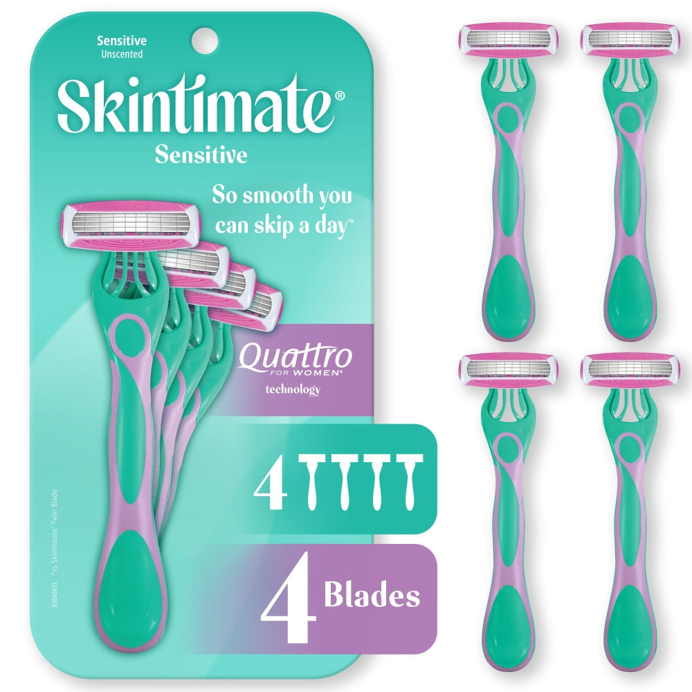 Skintimate Schick Sensitive Skin women's disposable razors, 4-pack, with ergonomic handles and protective razor blades for smooth shaving