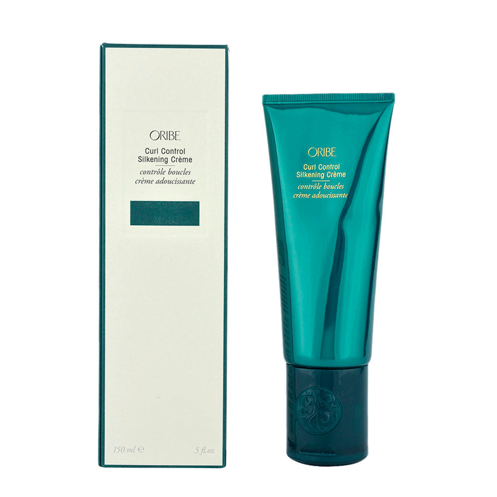 Oribe Curl Control Silkening Creme in 5 oz tube, designed for managing and enhancing curly hair with smooth, shiny finish.