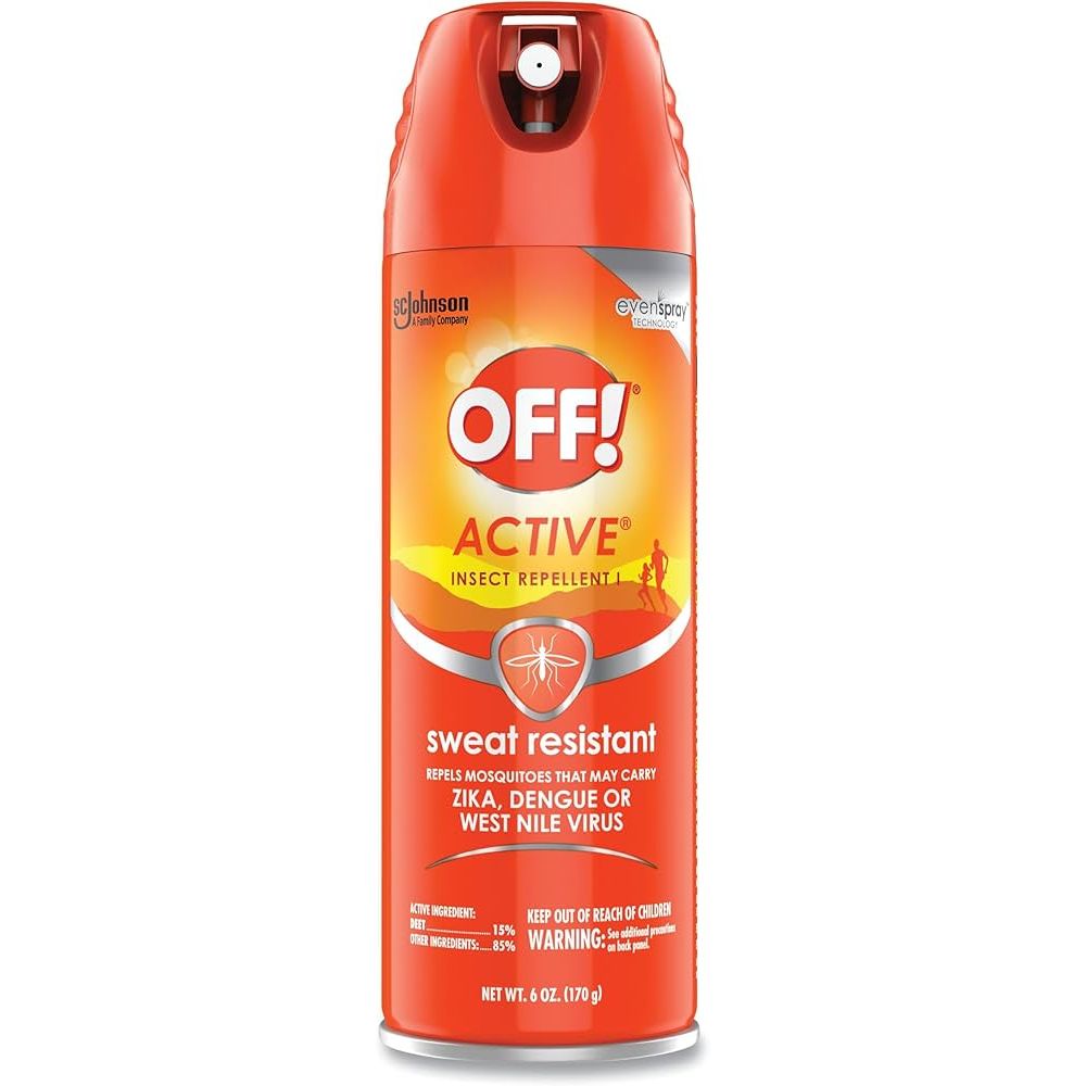 Off! Active insect repellent spray in a 6 oz bottle, sweat-resistant formula, designed to repel insects effectively.