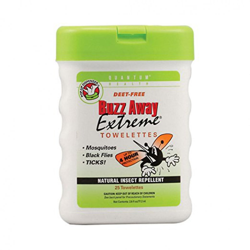 Quantum Buzz Away Extreme natural insect repellent towelettes by Pasteur Pharmacy, shown in resealable packaging.