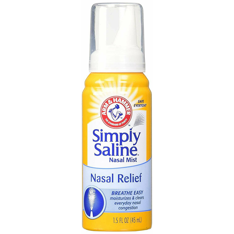 Arm & Hammer Simply Saline Sterile Nasal Mist in 1.5 oz spray bottle for nasal moisture and respiratory relief.