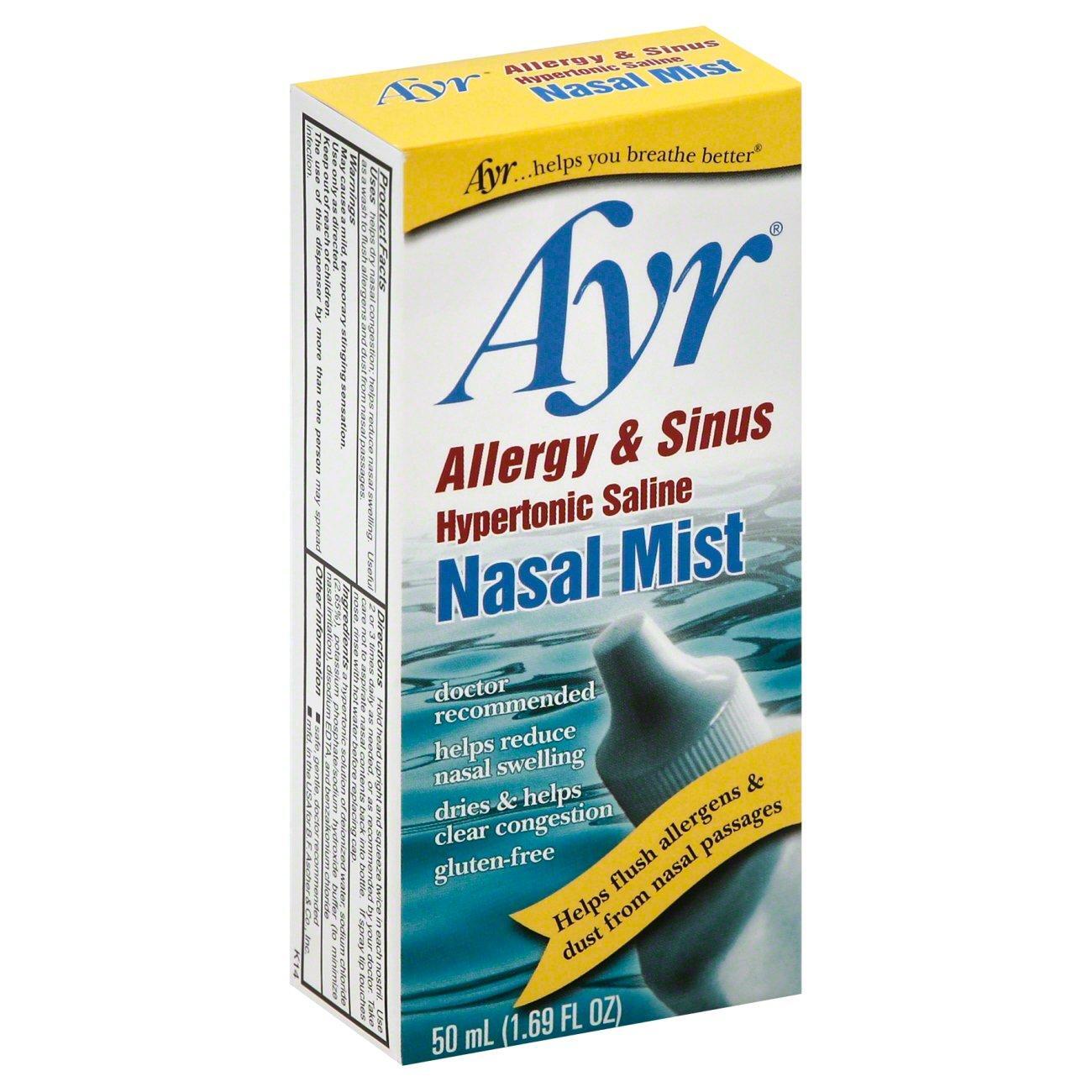 Ayr Saline Nasal Mist bottle for allergy and sinus relief, drug-free nasal spray in a 50 mL (1.7 fl oz) container.