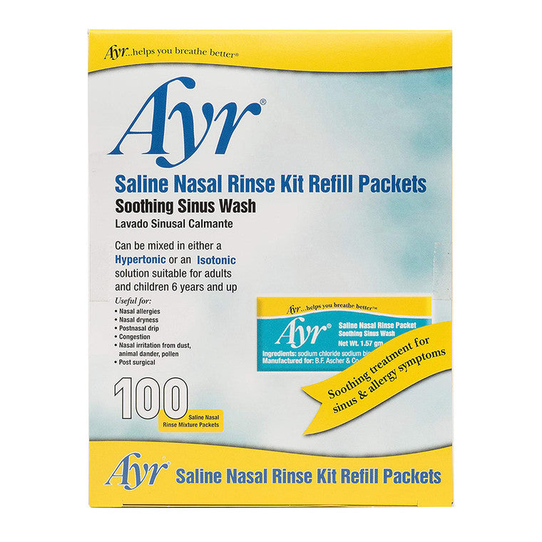 Ayr Saline Nasal Rinse refill packets, 100-count, for respiratory care, shown in a white package with blue and green accents.