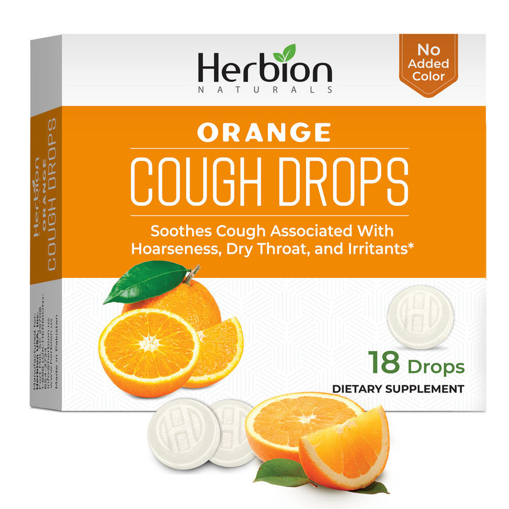 Herbion Naturals Orange Cough Drops, 18 lozenges, natural respiratory care with orange flavor, made by Pasteur Pharmacy.