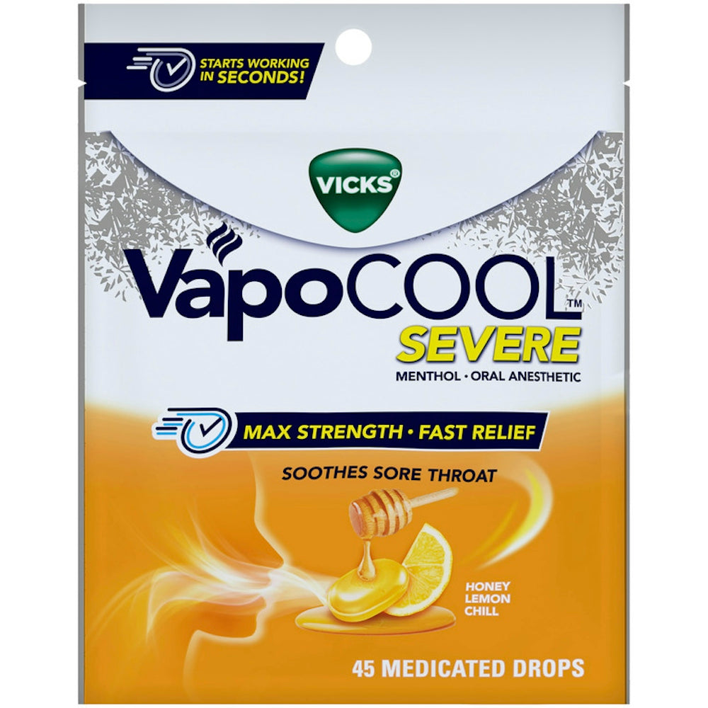 Vicks Vapo Cool Severe Medicated Lozenges in Honey Lemon Chill flavor, 45 drops, soothing sore throat and cough relief.