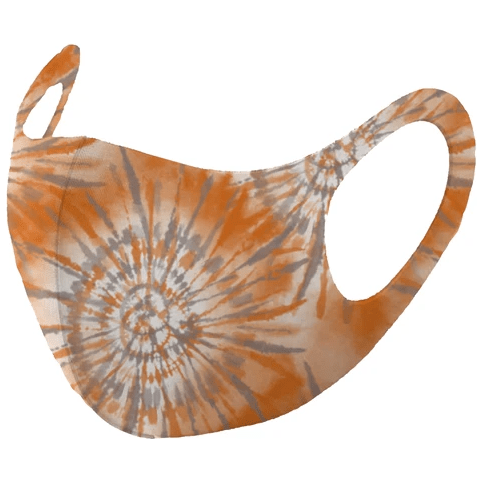 Reusable unisex face mask by Pasteur Pharmacy with vibrant orange and gray tie-dye pattern, comfortable and washable fabric.