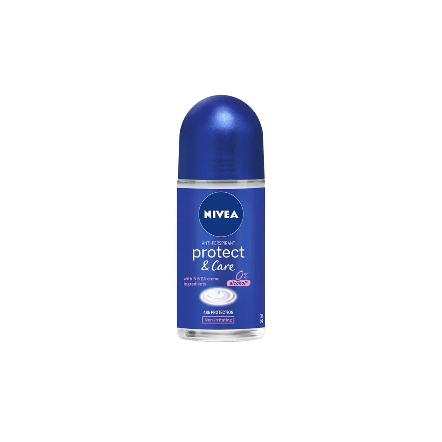 Nivea Protect & Care 48H alcohol-free anti-transpirant roll-on deodorant in 50ml bottle, displayed with nozzle and label.