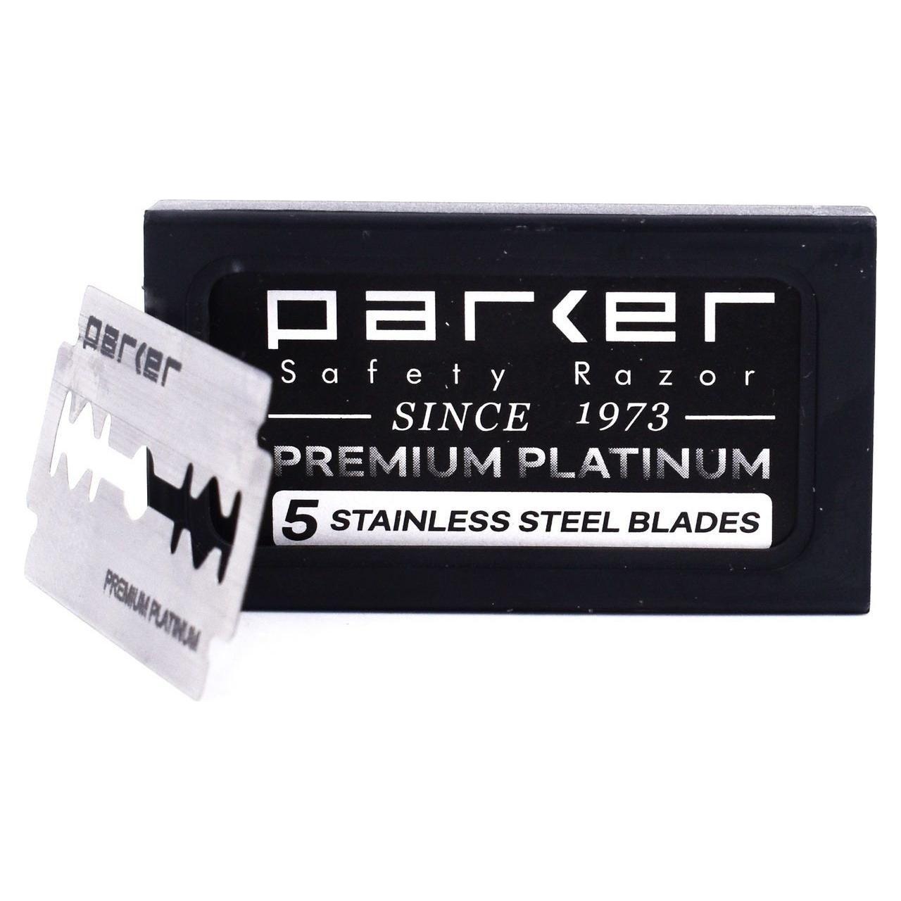 Parker Premium Platinum Stainless Steel Safety Razor Blade pack with 20x5 blades, ideal for precise shaving and durability.