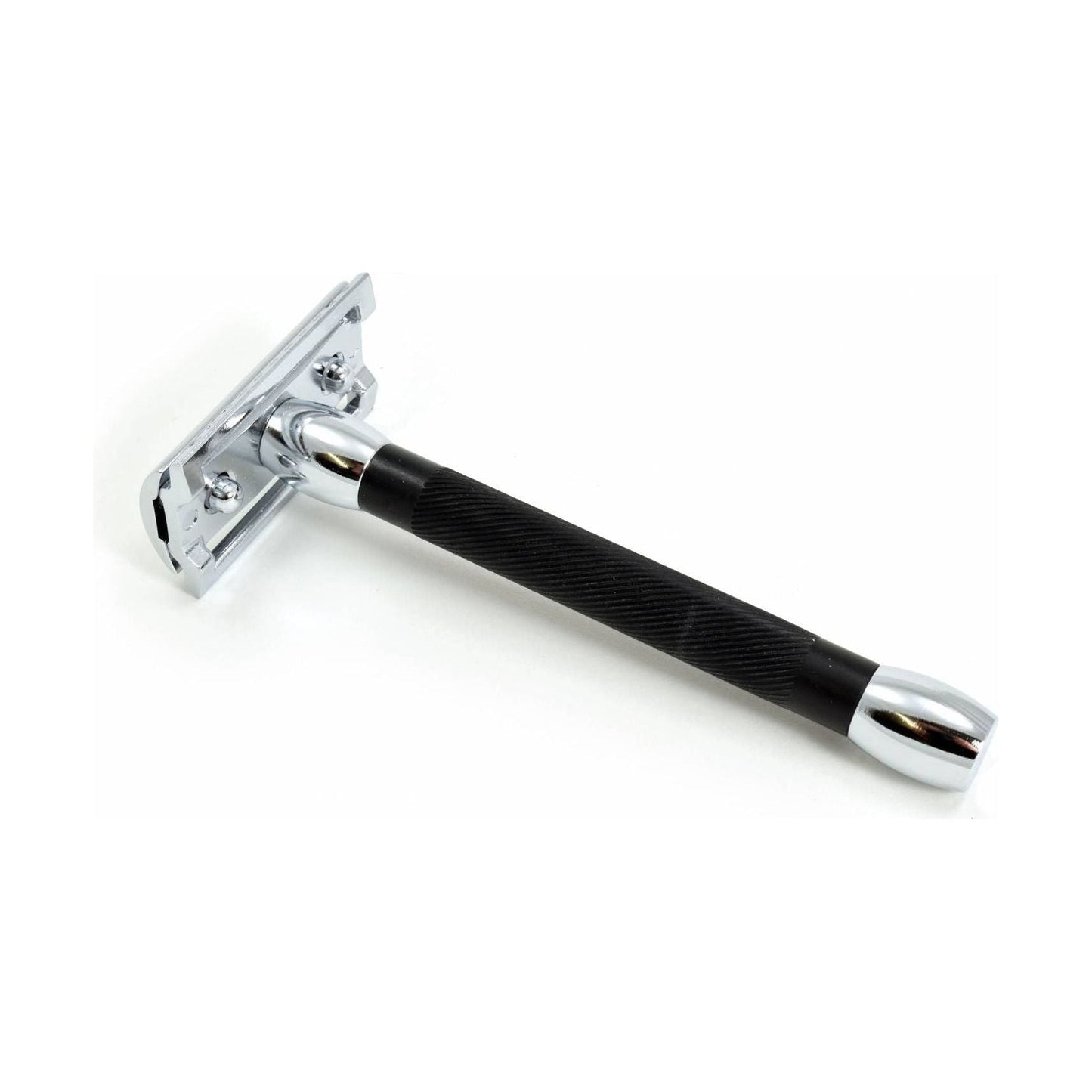 Merkur 20C Long Black Handle Safety Razor with chrome head and textured black handle, designed for a close, comfortable shave.