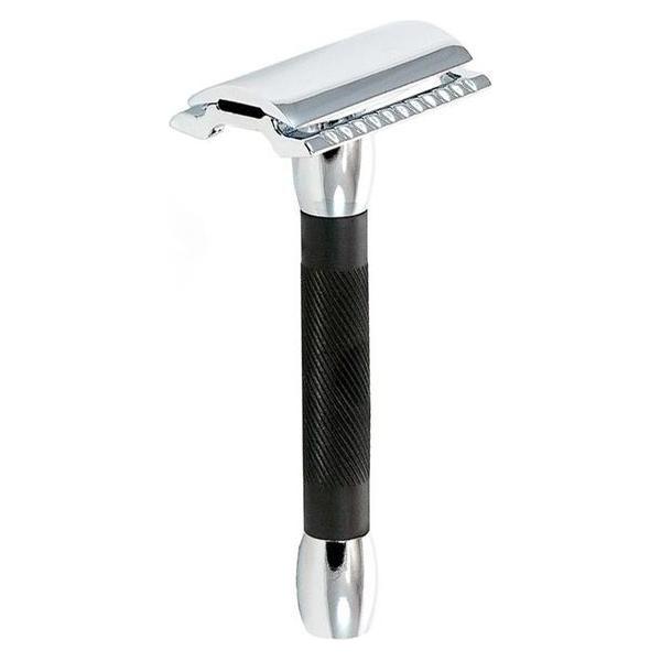 Merkur 30C Chrome safety razor with black rubber handle, featuring a sleek design and textured grip for a close shave.