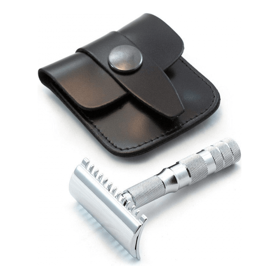 Merkur 985CL open chrome travel double edge safety razor with a sleek handle and safety guard, perfect for close shaves on the go