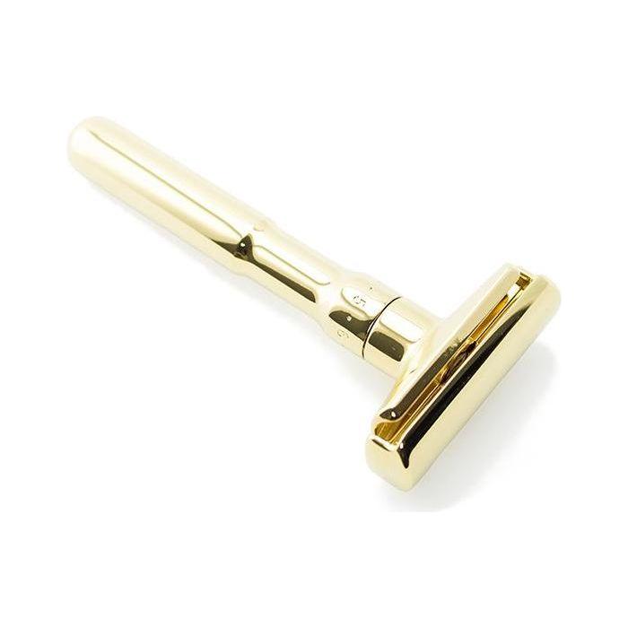 Merkur Futur 702 Gold adjustable safety razor with a sleek gold handle and adjustable head for a close shave.