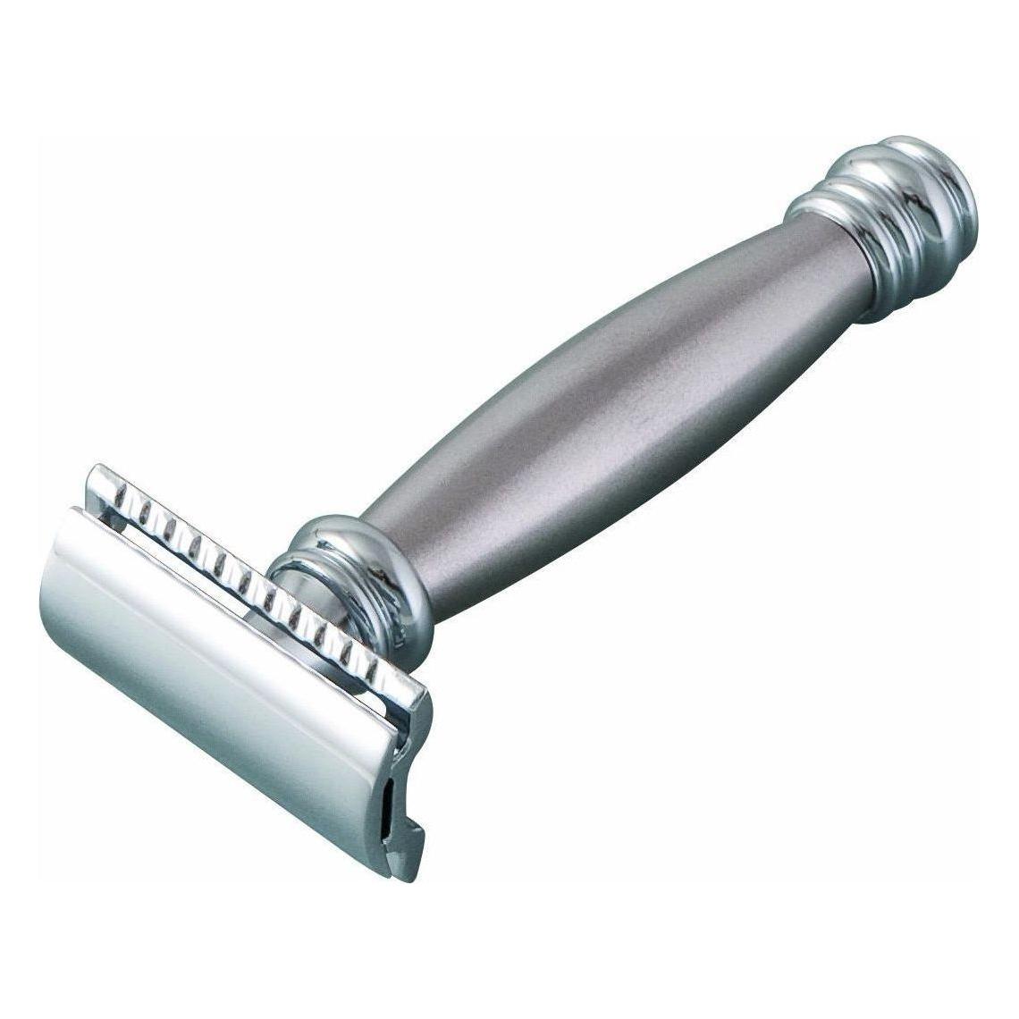 Merkur Heavy Duty Double Edge Safety Razor with long handle, designed for a close shave and durable use.
