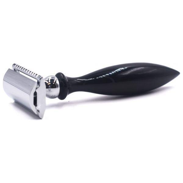 Parker 12R safety razor with a buffalo horn handle, featuring a vintage metal safety razor design for a close shave.