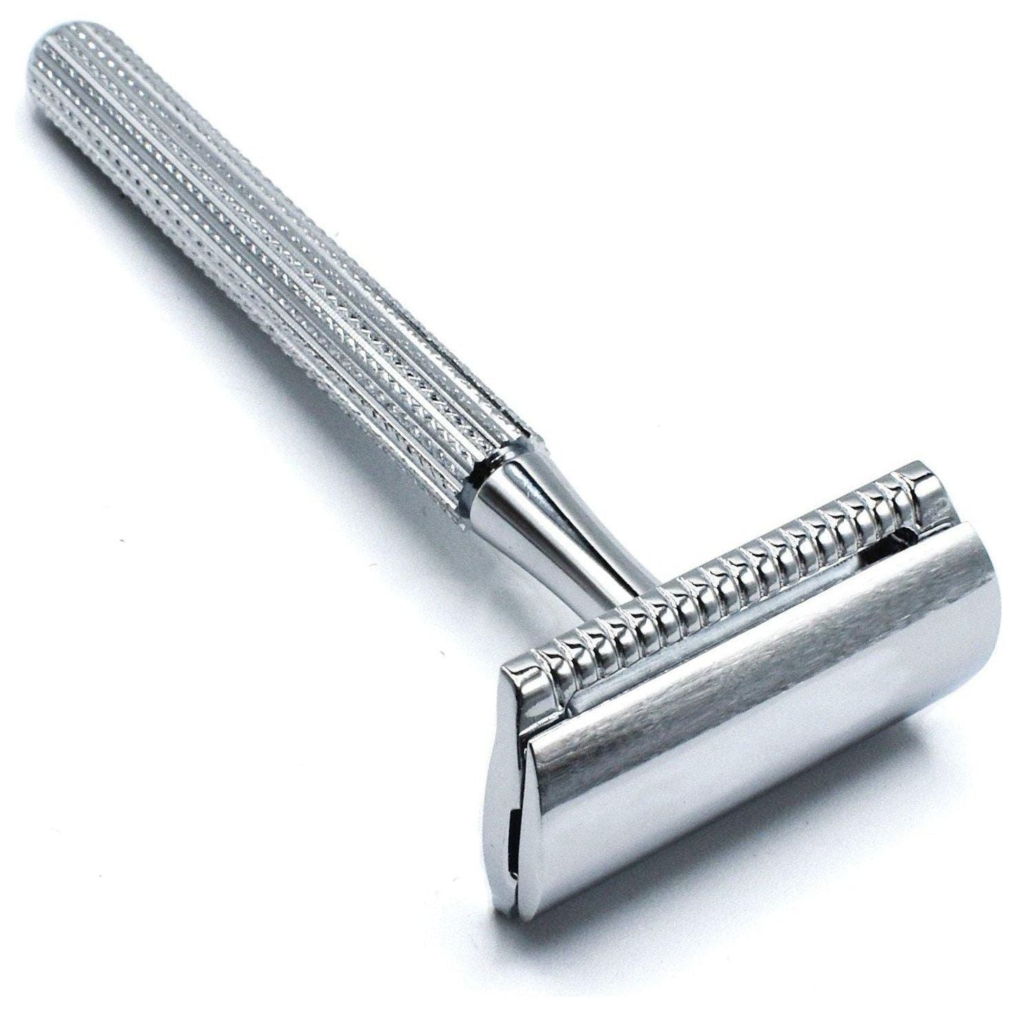 Chrome Parker 78R-CH safety razor with textured handle and polished head, designed for close, smooth shaves.