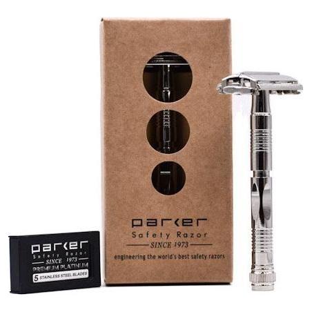 Parker 90R long handle double-edge safety razor with chrome finish and textured grip, ideal for close shaves.