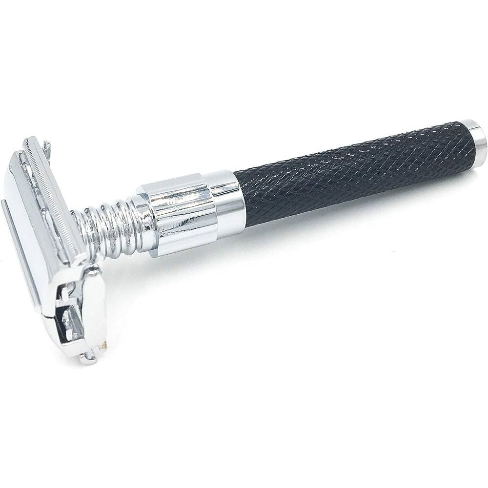 Parker 92R heavyweight butterfly double edge safety razor with chrome finish and textured handle for a secure grip.