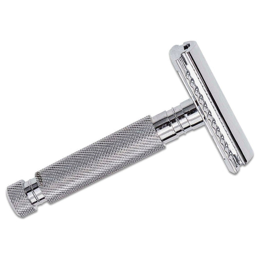 Parker 97R heavyweight three-piece double edge safety razor with polished chrome finish and textured handle for a secure grip.