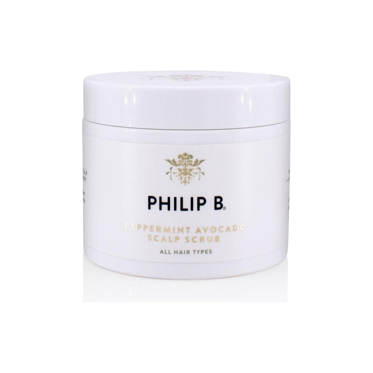 Philip B. Peppermint Avocado Scalp Scrub in 8 oz jar, showing the natural texture and packaging of the scalp exfoliating product.