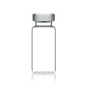 Set of 100 clear glass sterile vials with 20 mm crimp finish, 10 mL capacity, used for scientific and laboratory applications.