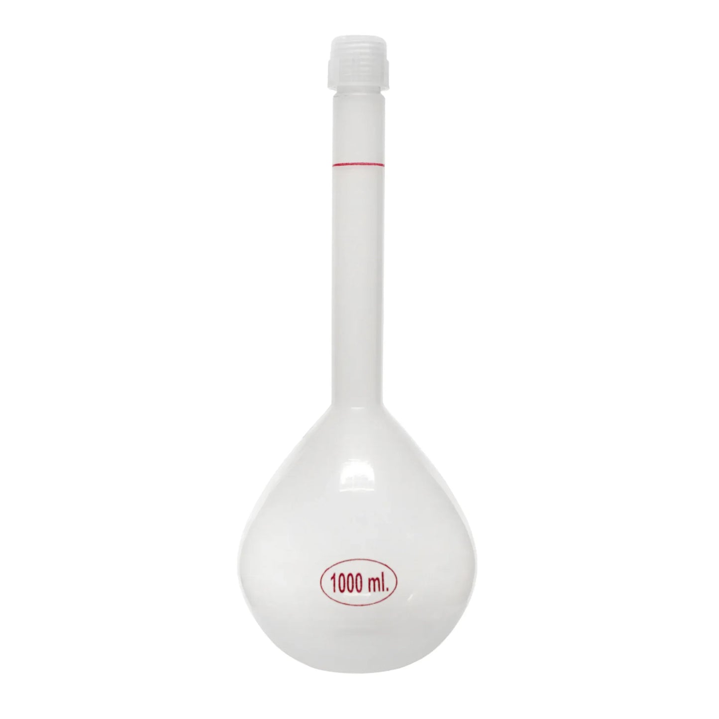 Six KIMAX 1000 mL borosilicate glass volumetric flasks, Class A, for precise laboratory measurements, shown in a science lab setting.