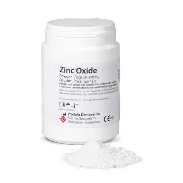 Zinc Oxide Powder, Dispensing Grade, 500g, from Pasteur Pharmacy, shown in a laboratory setting with a white container and measuring tools.