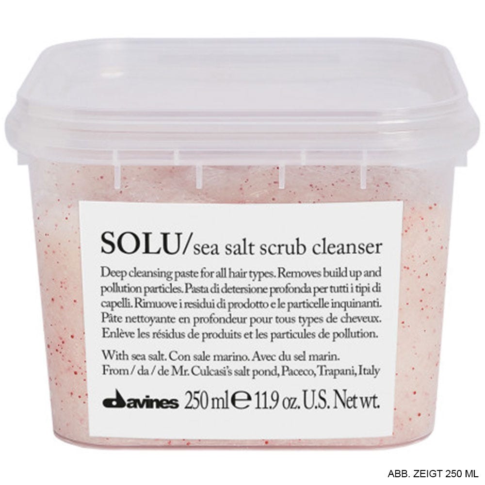 Davines Essential Haircare Solu Sea Salt Scrub Cleanser in 250ml bottle, natural sea salt scrub for hair and scalp care.