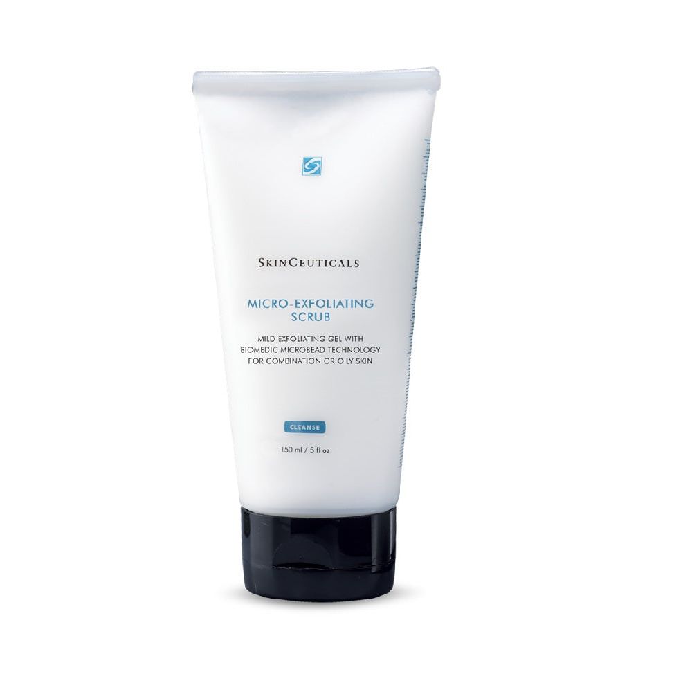 Skinceuticals Micro Exfoliating Scrub in a white jar, gentle exfoliating scrub with microbeads for smooth skin.