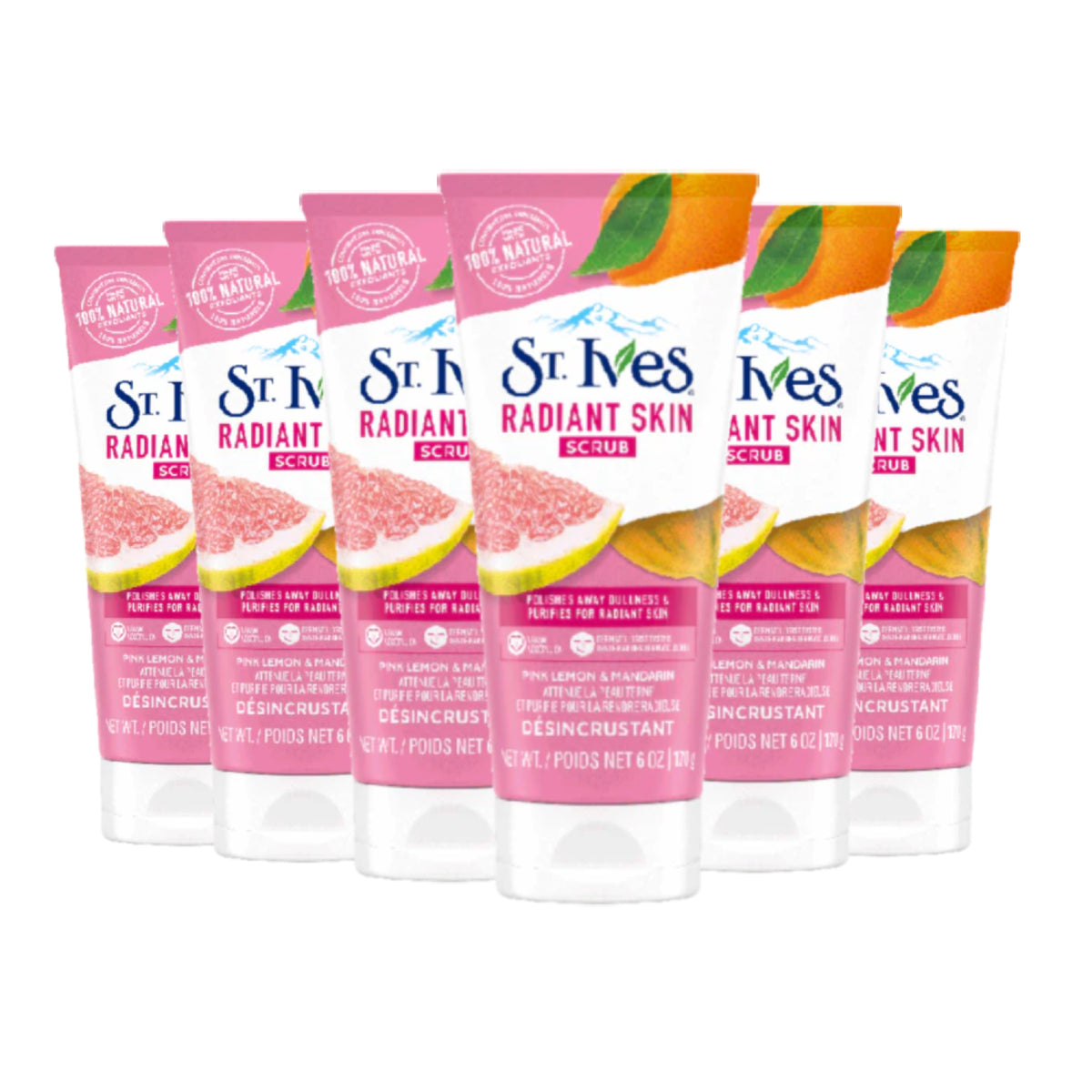 St. Ives Radiant Skin Pink Lemon and Mandarin Orange Face Scrub in a tube, showing the colorful packaging and product details.