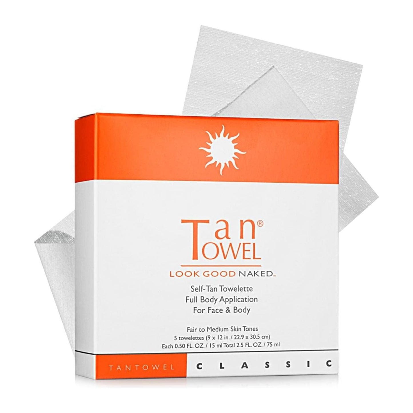 Tan Towel Classic Self-Tan Towelette for fair to medium skin tones, pasteur pharmacy brand, 5-pack of convenient self-tanning wipes