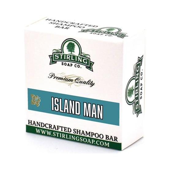 Stirling Soap Co. Island Man Shampoo Bar 3.8 oz, natural solid shampoo bar for men's grooming, displayed on a clean surface.