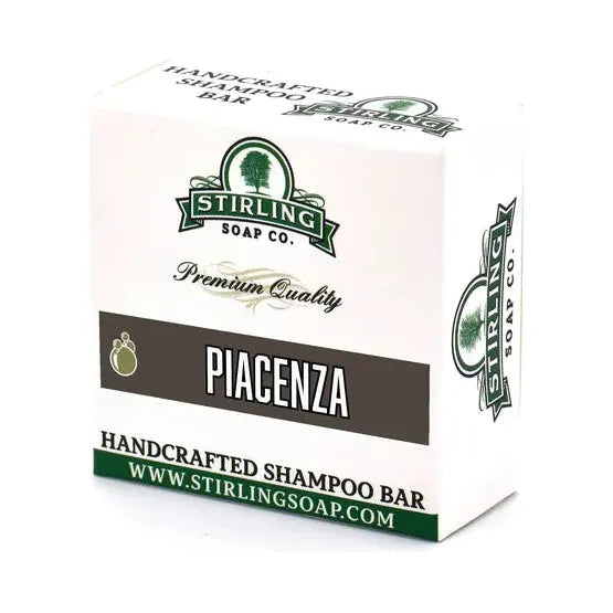 Pasteur Pharmacy Stirling Soap Co. Piacenza Shampoo Bar 3.8 oz, natural solid shampoo bar with packaging and product label visible.