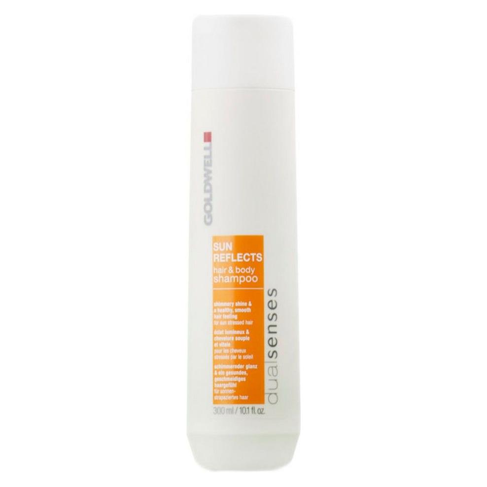 Goldwell Sun Reflects Hair & Body Shampoo 300ml, a shampoo and conditioner with a gold-colored bottle and sun-inspired design.