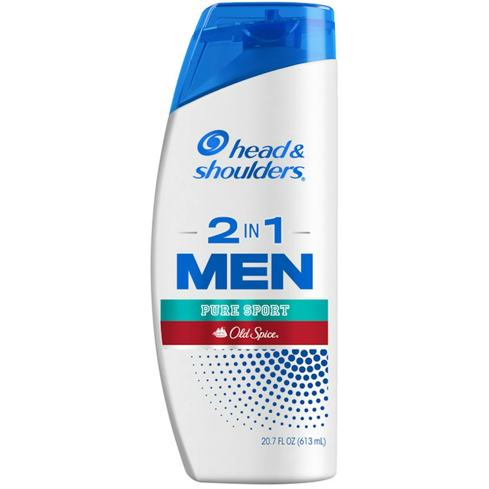 Head and Shoulders Old Spice Pure Sport anti-dandruff shampoo bottle, 20.7 fl oz, in a clear plastic container with label.