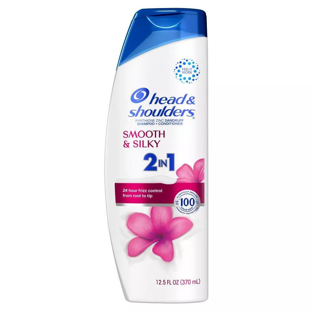 Head & Shoulders 2-in-1 dandruff shampoo and conditioner bottle, smooth and silky, 12.5 oz, for dandruff relief and hair softness.
