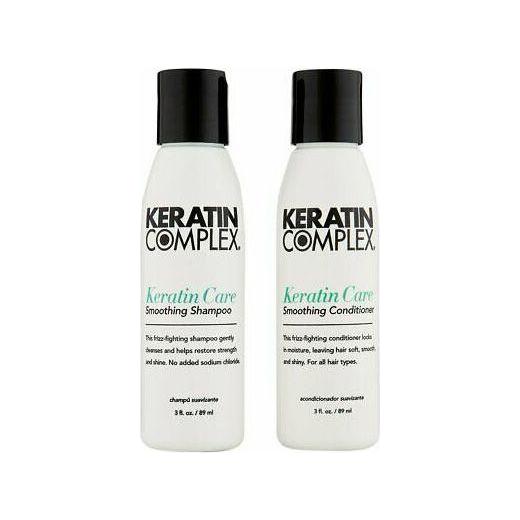Pasteur Pharmacy Keratin Complex Keratin Care smoothing shampoo and conditioner duo, 90ml bottles, for shiny, frizz-free hair.