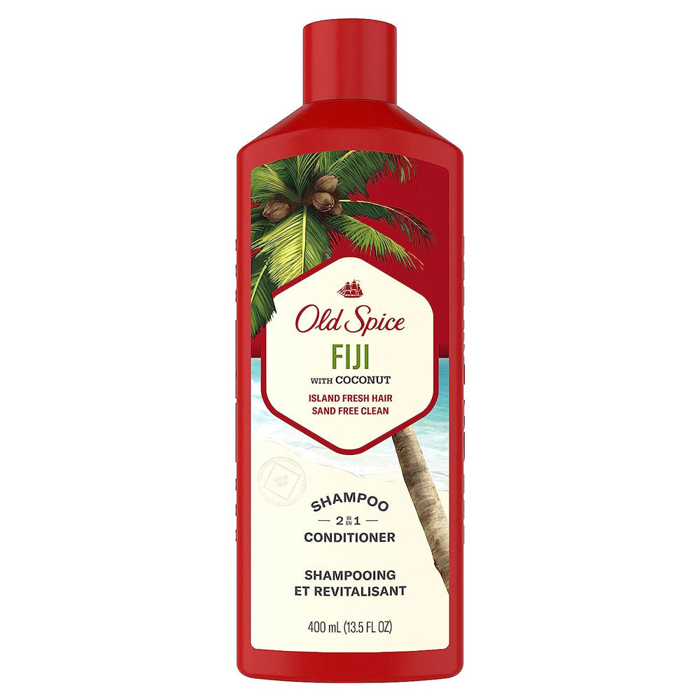 Old Spice Fiji with Coconut 2-in-1 shampoo and conditioner in a 13.5 fl oz bottle, featuring tropical coconut scent.