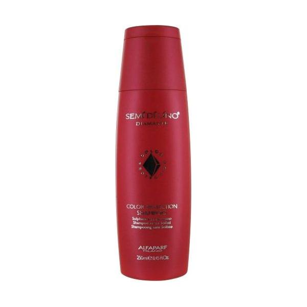 Alfaparf Semi Di Lino Diamante color protection shampoo for unisex, 8.45 oz, in a clear bottle with a white and silver label.