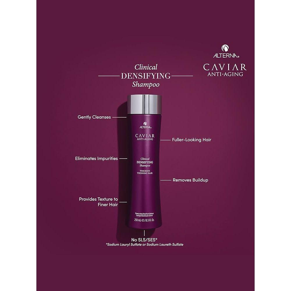 Alterna Caviar Clinical Densifying Shampoo 8.5 oz bottle, designed to strengthen and add volume to thinning hair.