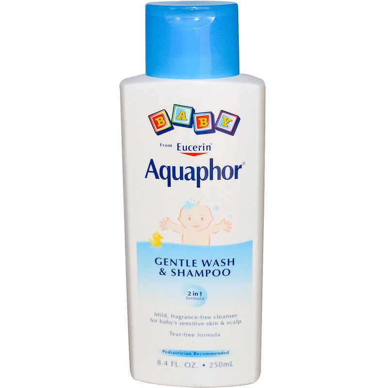Aquaphor Baby gentle wash and hair shampoo 2-in-1 formula in an 8.4 oz bottle, suitable for delicate baby skin and hair.