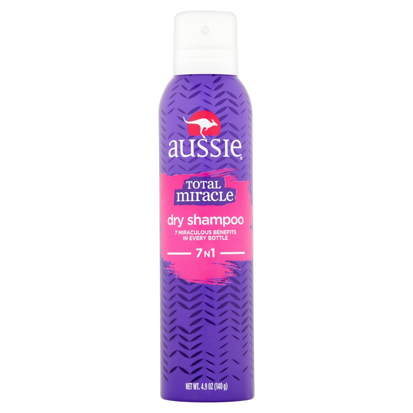 Aussie Total Miracle 7N1 Dry Shampoo in 4.9 oz spray bottle, with a bright, colorful label and pump nozzle visible.