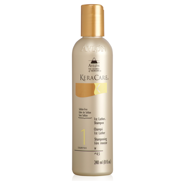 Avlon KeraCare 1st Lather Shampoo bottle, 8 fl oz, a gentle shampoo for healthy hair care.
