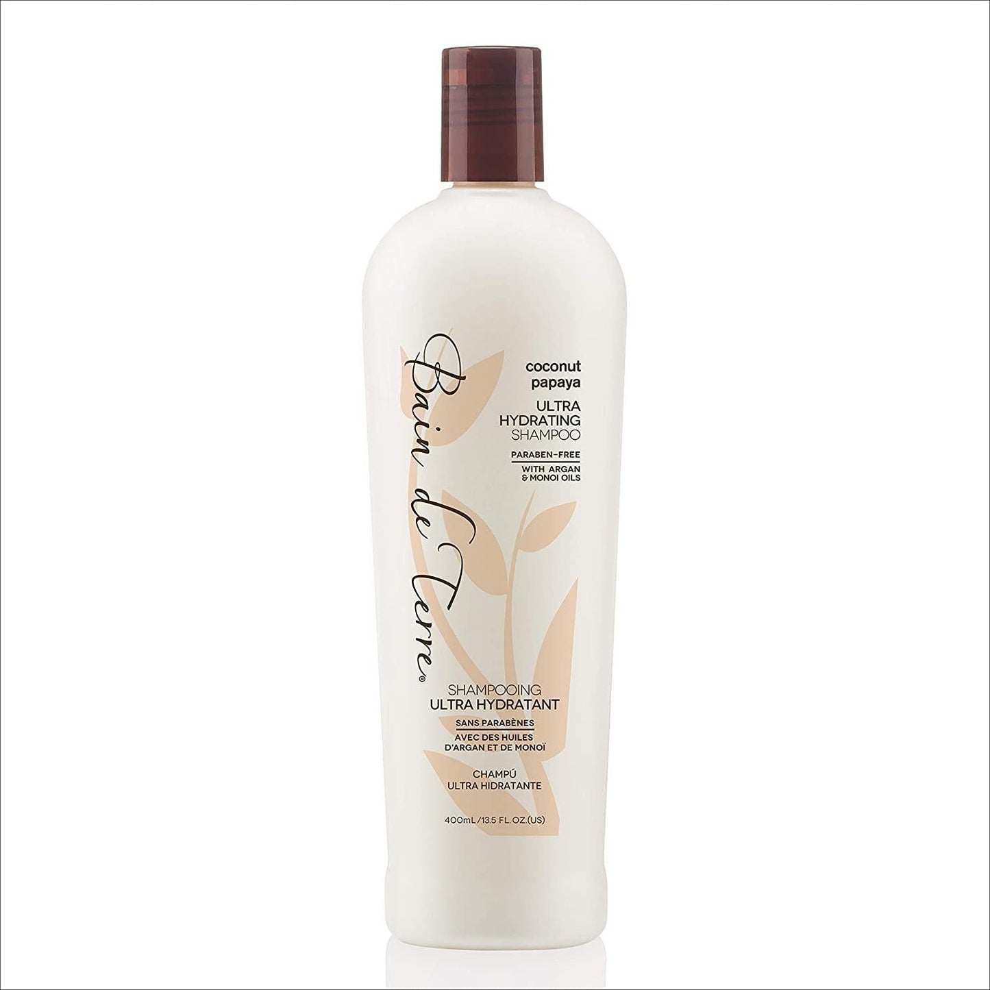 Bain De Terre Coconut Papaya Ultra Hydrating Shampoo bottle from Pasteur Pharmacy, 13.5 fl oz, with coconut and papaya ingredients visible