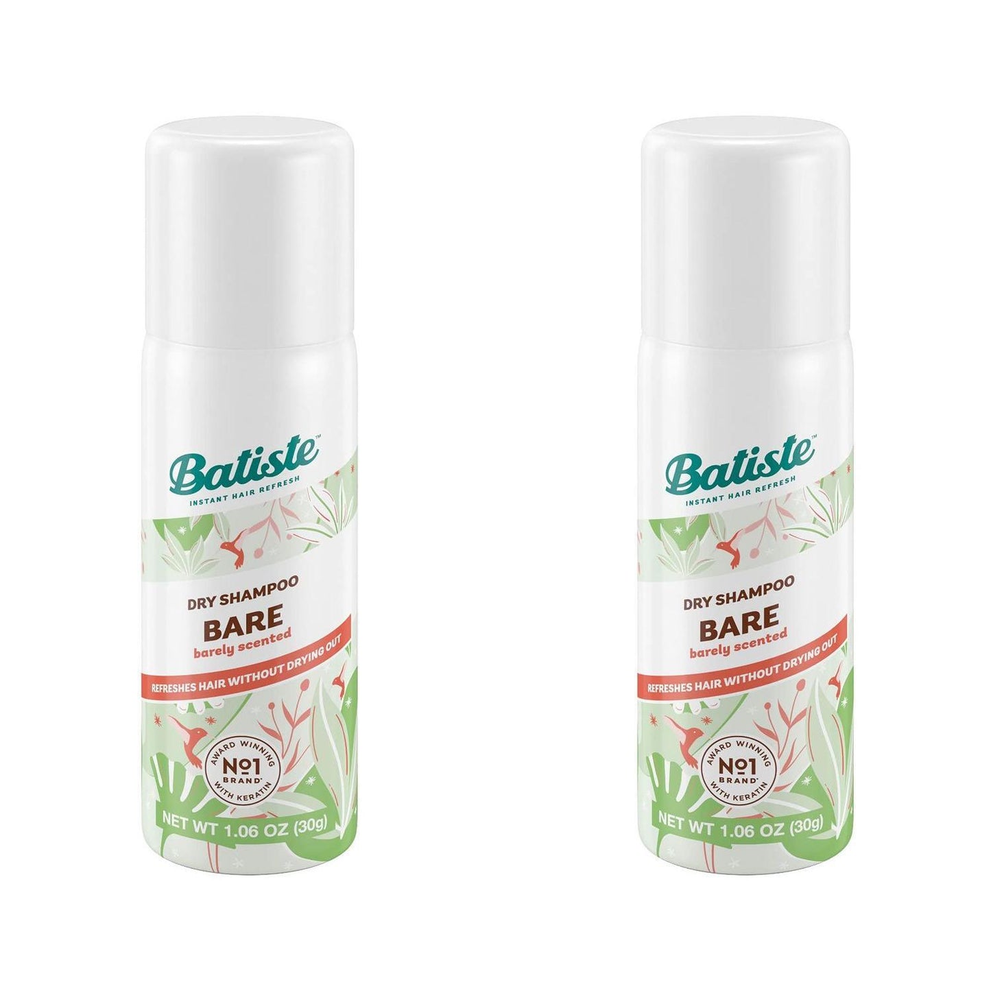 Batiste Dry Shampoo Bare mini travel size 1.6 oz in a clear spray bottle, designed for quick refreshes and lightweight hair care.