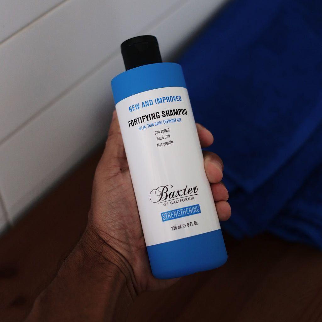 Baxter of California Fortifying Shampoo 8 oz in a clear bottle with black and white label, designed for healthy hair.