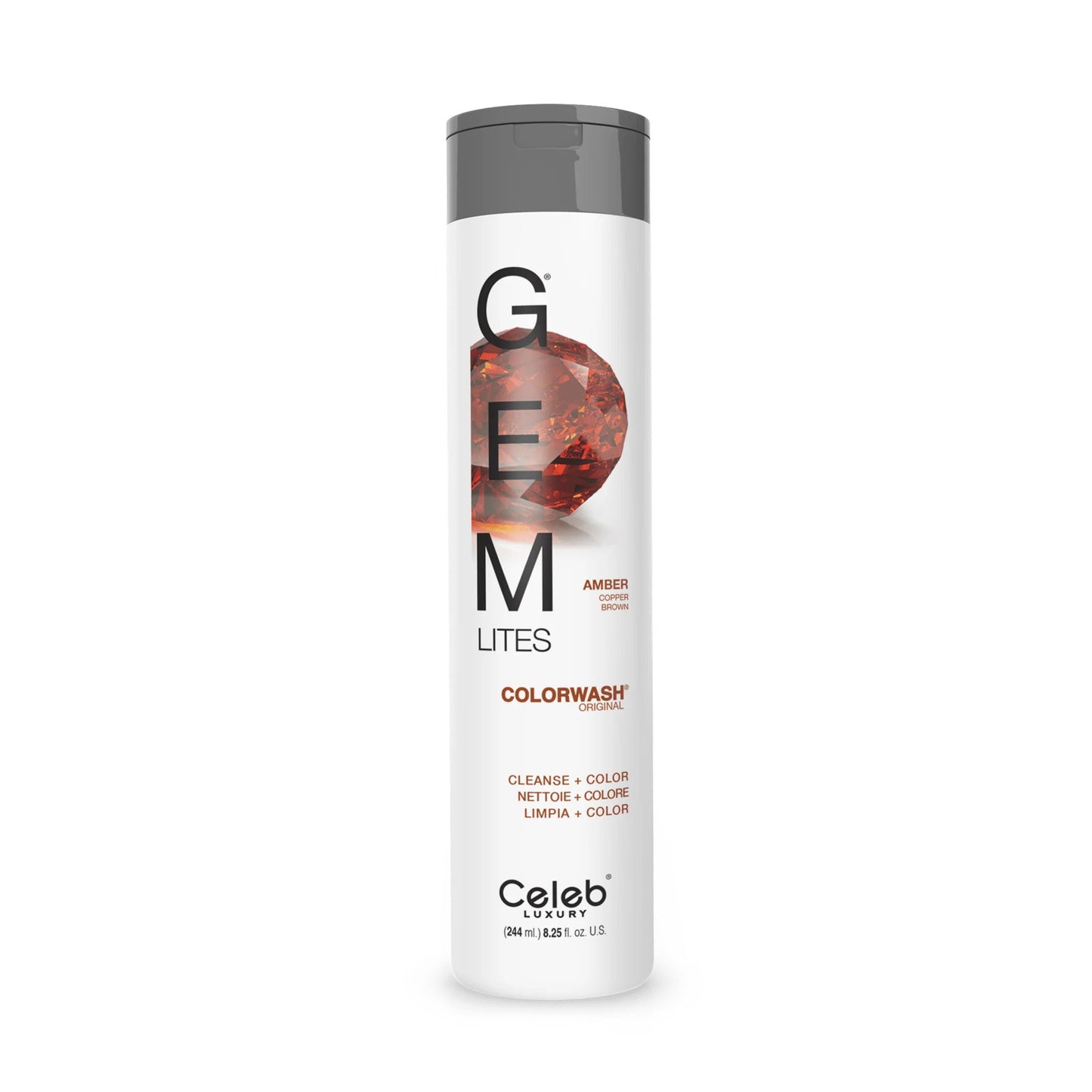 Celeb Luxury Gem Lites Amber Copper Brown Colorwash shampoo bottle, highlighting copper-brown hair color treatment from Pasteur Pharmacy