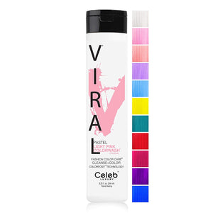 Celeb Luxury Viral Colorwash semi-permanent pink shampoo in a professional hair color deposit bottle with pastel light pink shade.