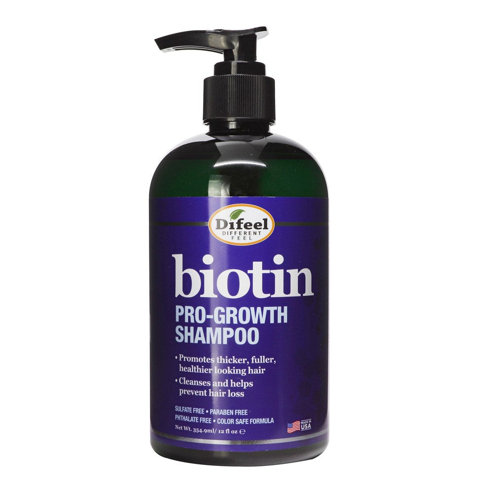 Difeel Pro Growth Shampoo with Biotin in 12oz bottle, natural hair growth shampoo by Pasteur Pharmacy, showing the product bottle.