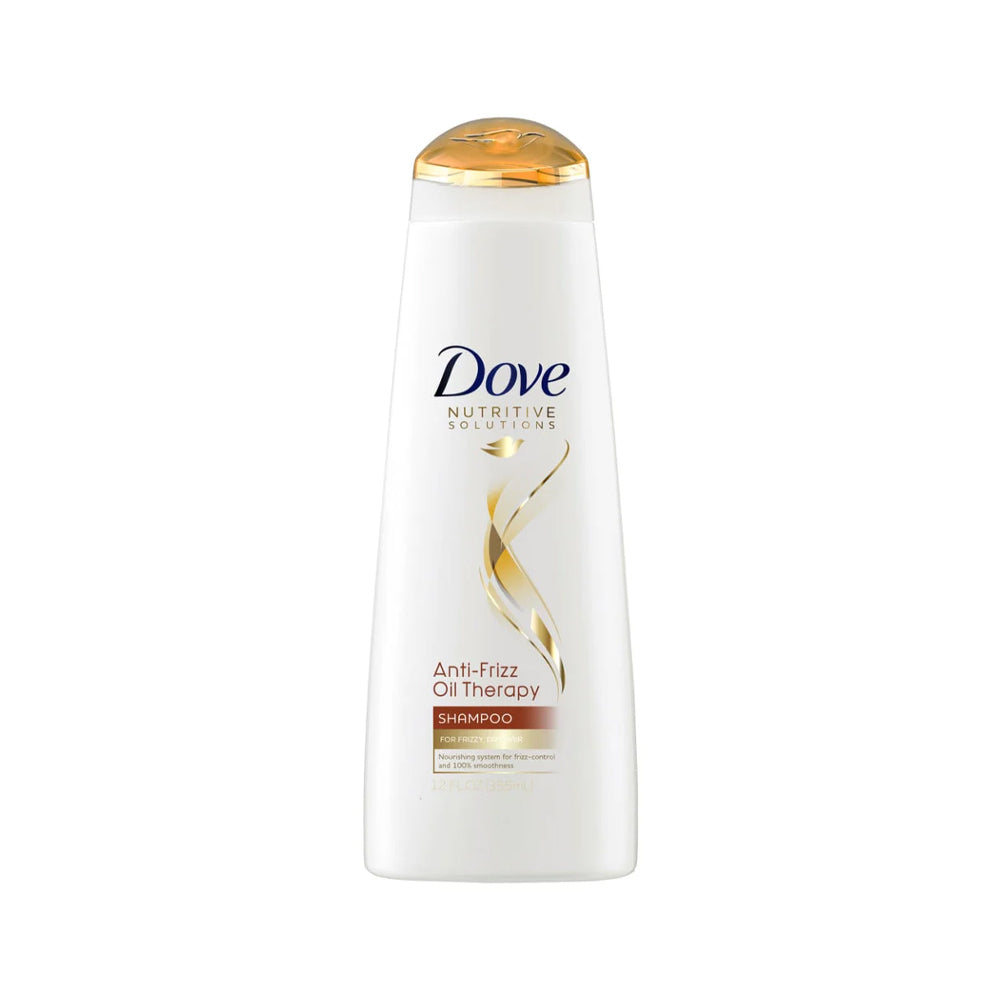 Dove Nutritive Solutions Anti-Frizz Shampoo Oil Therapy with Nutri-Oils, 12 fl oz, in a clear bottle with shampoo lather